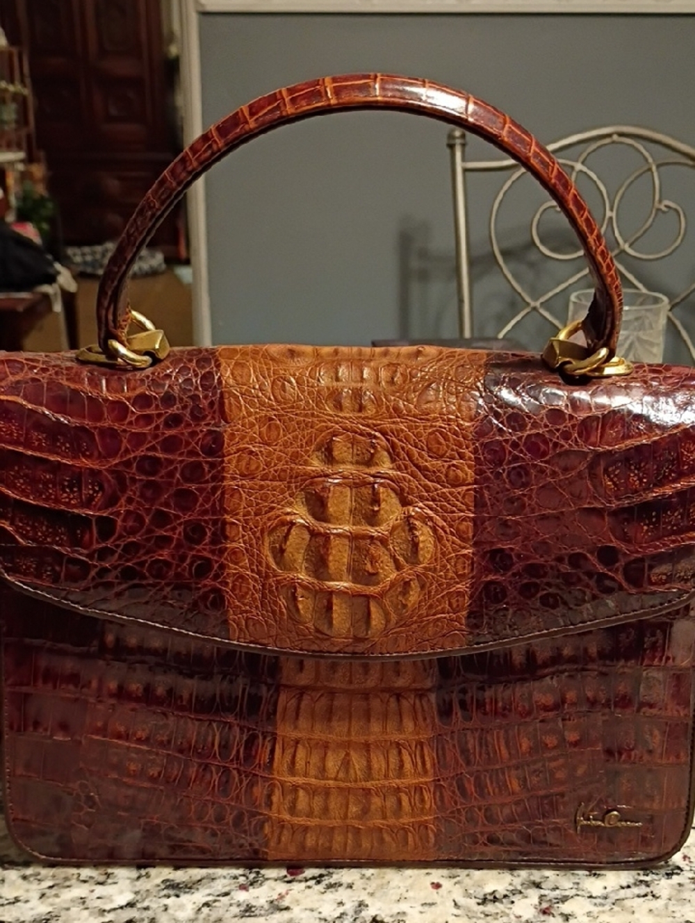 Croc-Embossed Two-Tone Brown Top-Handle Satchel